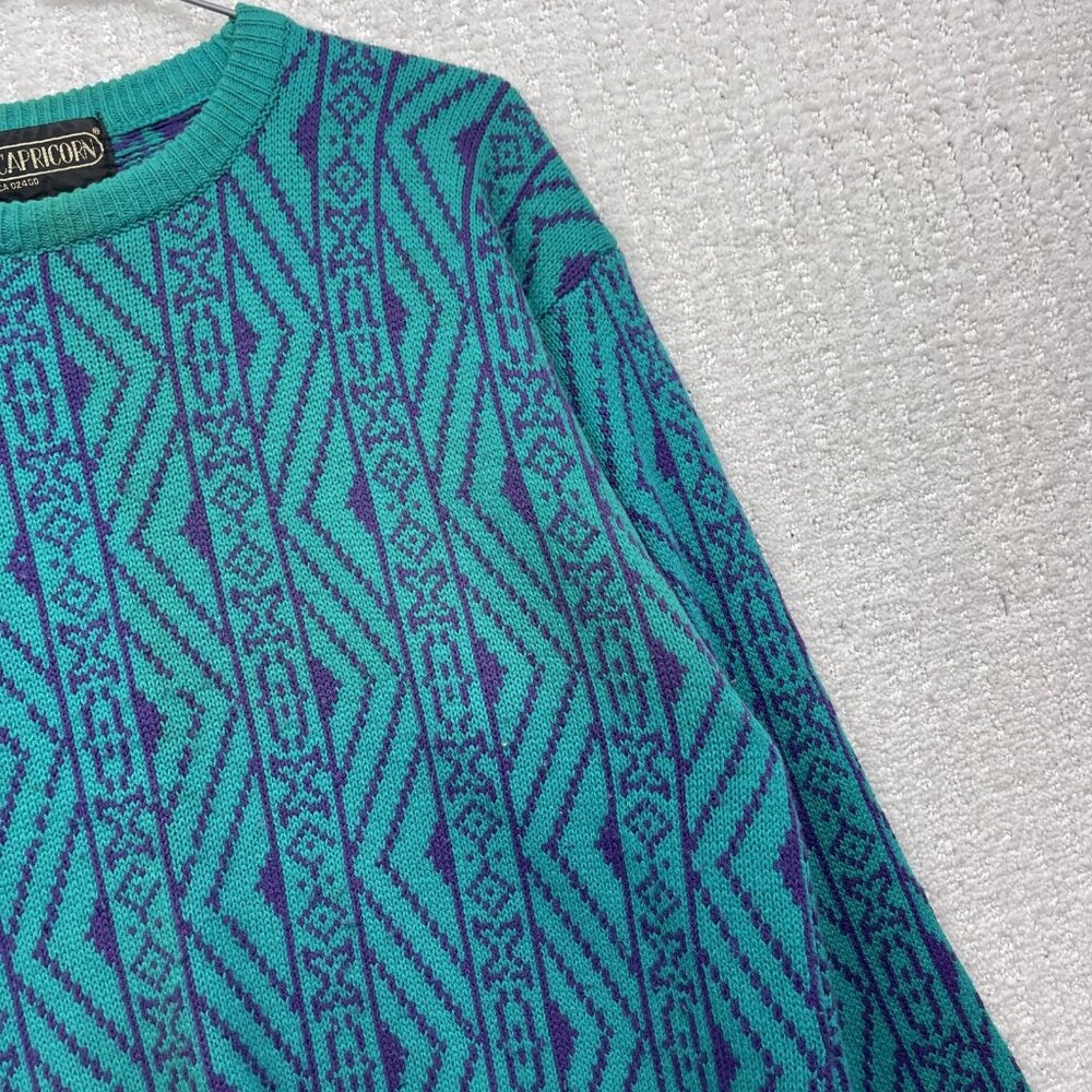 VTG Capricorn Crewneck Knit Grandpa Sweater Men Sz M Psychedelic's Geometric AOP - Picture 4 of 15